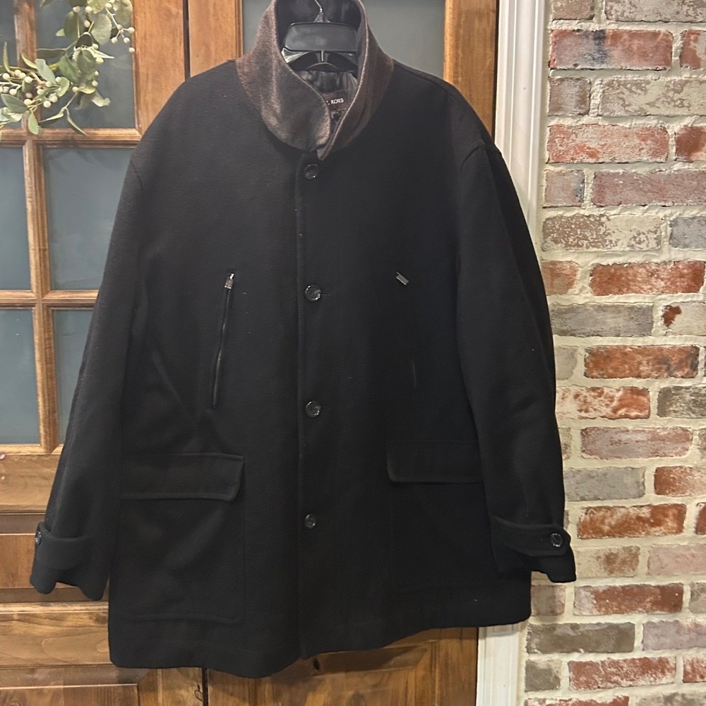 Michael Kors Car Coat Men 3XB Black Wool Blend Faux Fur Collar‎ Heavy Jacket